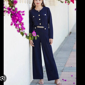 FRANK LYMAN suit navy blazer dress pants trousers wide leg gold buttons 12
